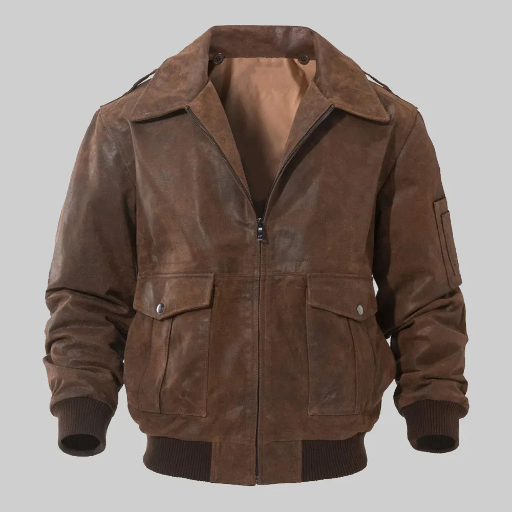 Men’s Premium Brown Leather MA-2 Bomber Jacket by Keller, Perfect for Casual Wear