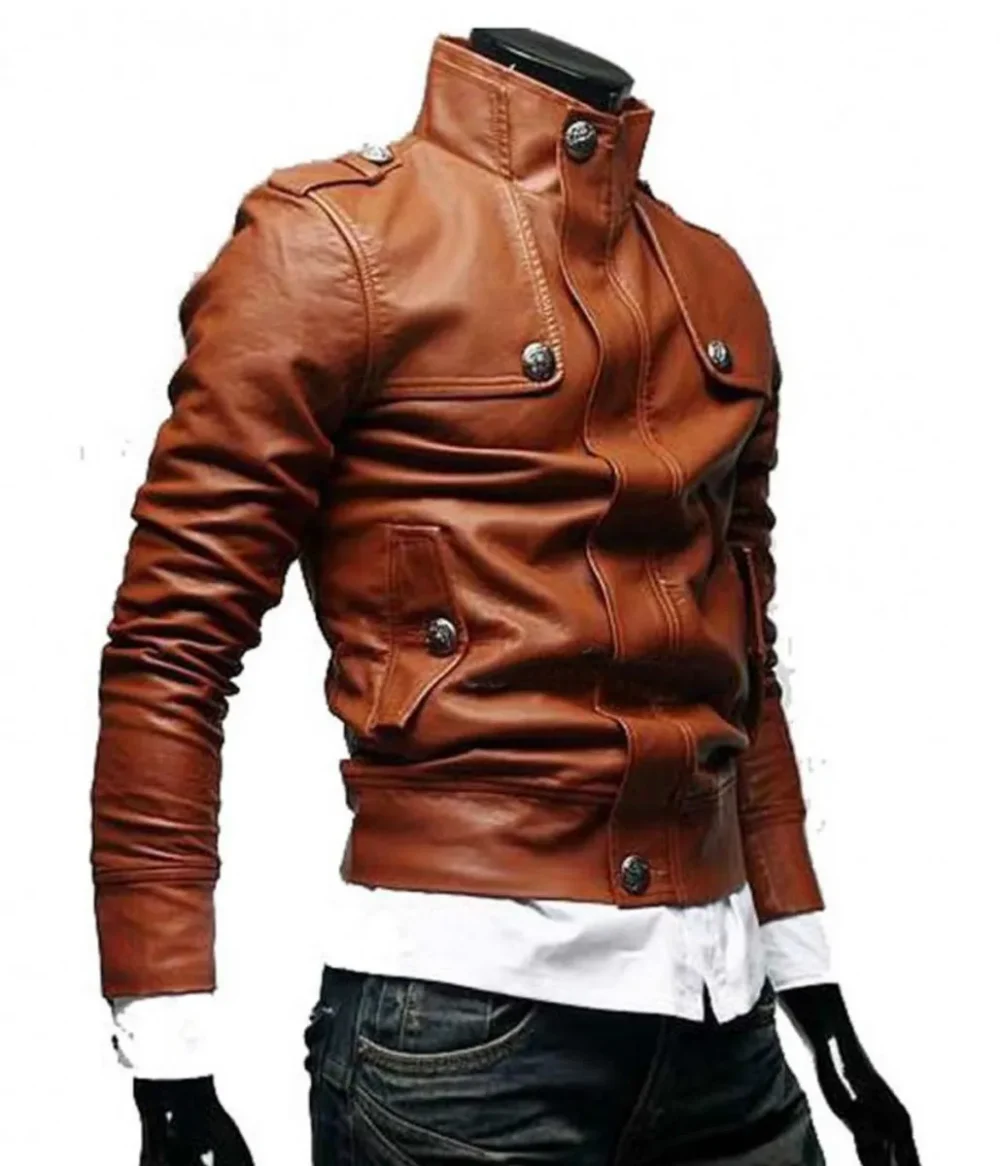 Right side view of a tan brown leather jacket showing the buttoned cuffs and side pockets.