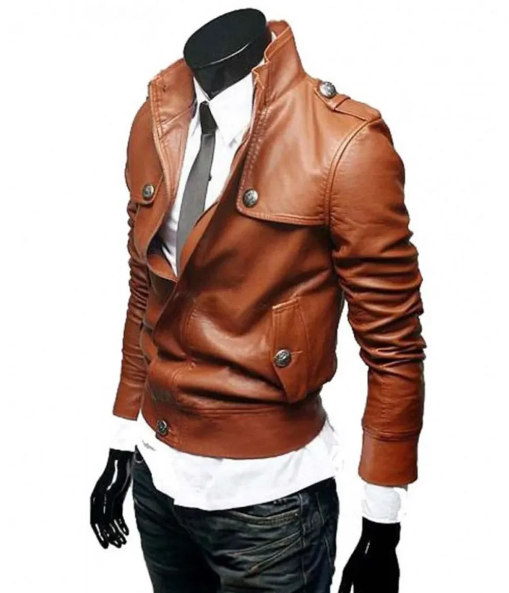 Left side view of a tan brown leather jacket with a stand-up collar and buttoned front.