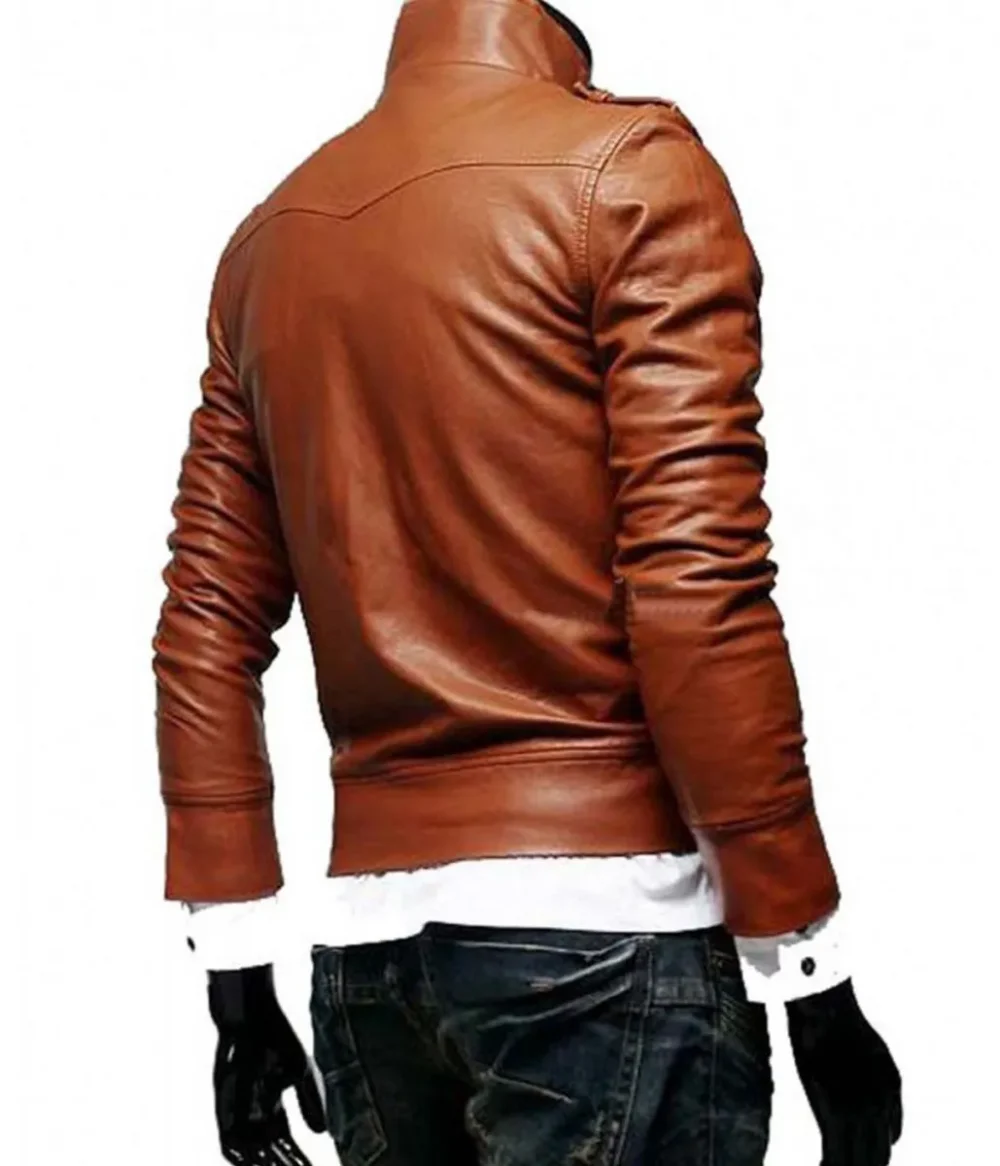 Back view of a tan brown leather jacket with a buttoned closure and side pockets.