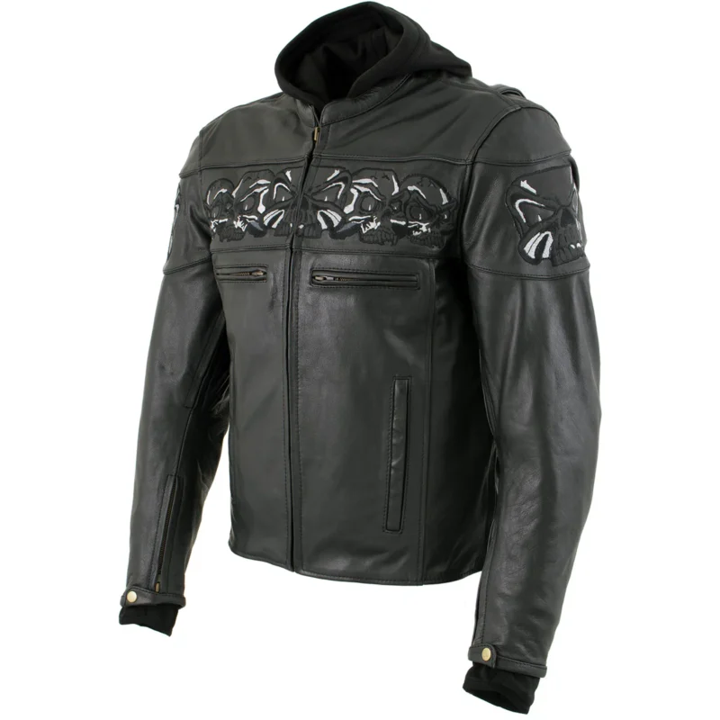 Men’s ‘Futile’ Black Leather Jacket with Hood, CE Armored Protection, and Eye-Catching Reflective Skulls