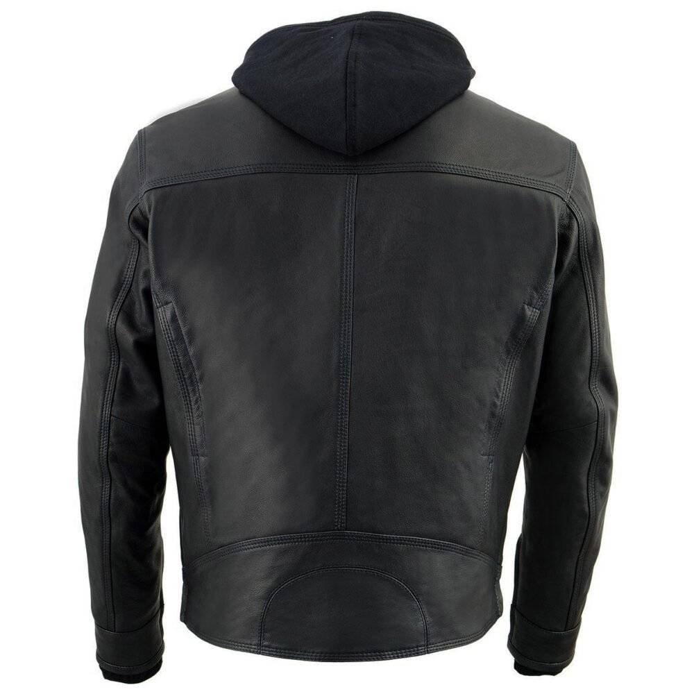 Men’s ‘Utility Pocket’ Motorcycle Jacket in Black Leather, Scooter Style with Vents and a Hood