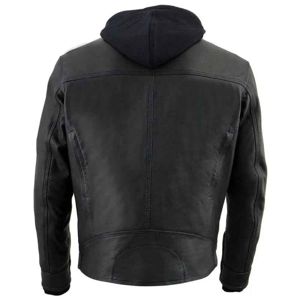 Men’s ‘Utility Pocket’ Motorcycle Jacket in Black Leather, Scooter Style with Vents and a Hood