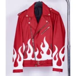 Bold biker jacket featuring fiery flame details.