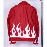 Back view of the flame-accented biker jacket