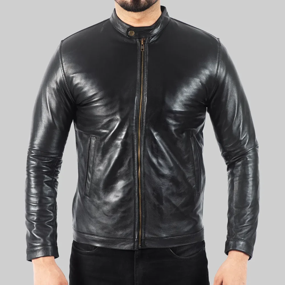 Pedro men’s black leather motorcycle jacket front view.