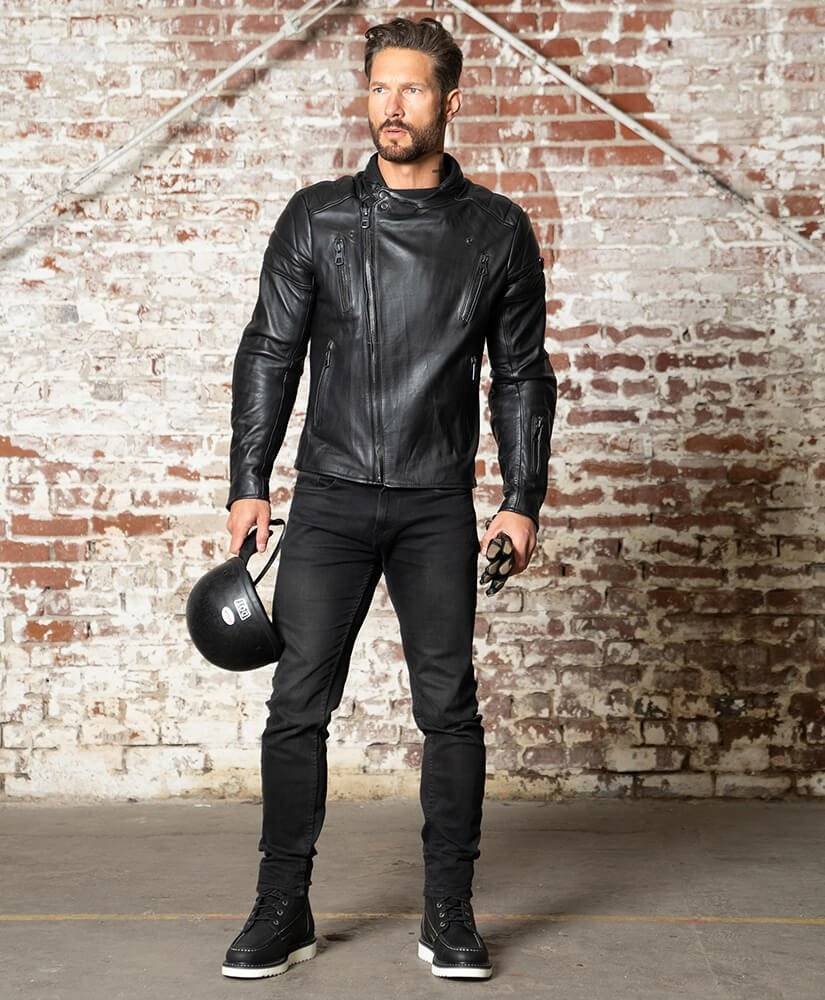 Front view of the premium black leather cafe motorcycle jacket.