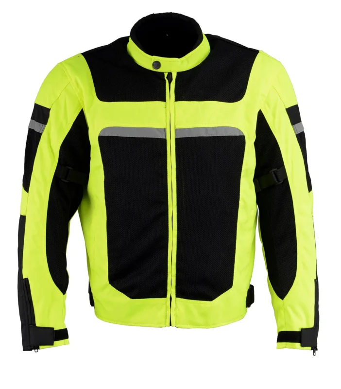 Premium Men’s Racer Jacket in High Visibility Green with Armor, Mesh Fabric, and Reflective Piping