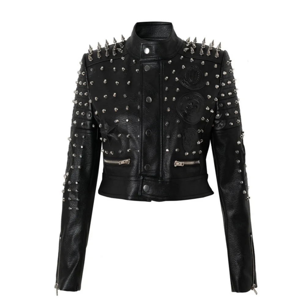 Women's black punk faux leather motorcycle jacket with cartoon patterns, zipper closure, and turn-down collar.