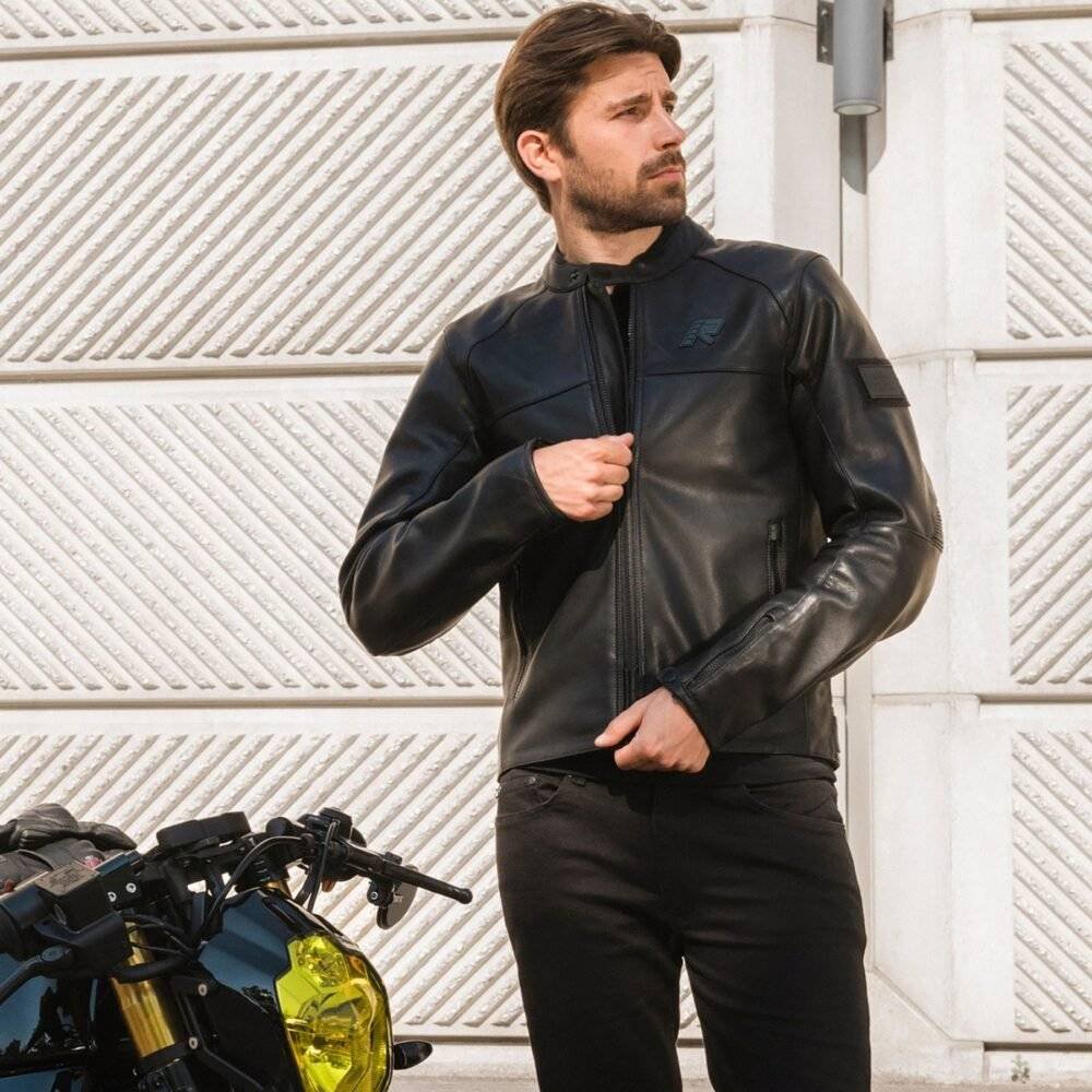 Model wearing Black Rukka Blockrace Leather Jacket (Front)