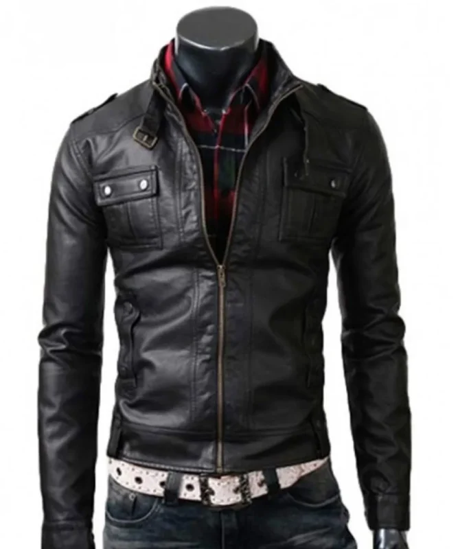 Black slim-fit leather jacket with a belted collar, zipper closure, and multiple pockets.