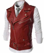 Red slim-fit leather vest with asymmetrical zipper, studded lapel collar, and open front.