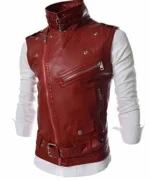 Red slim-fit leather vest with asymmetrical zipper, studded lapel collar, and closed front.