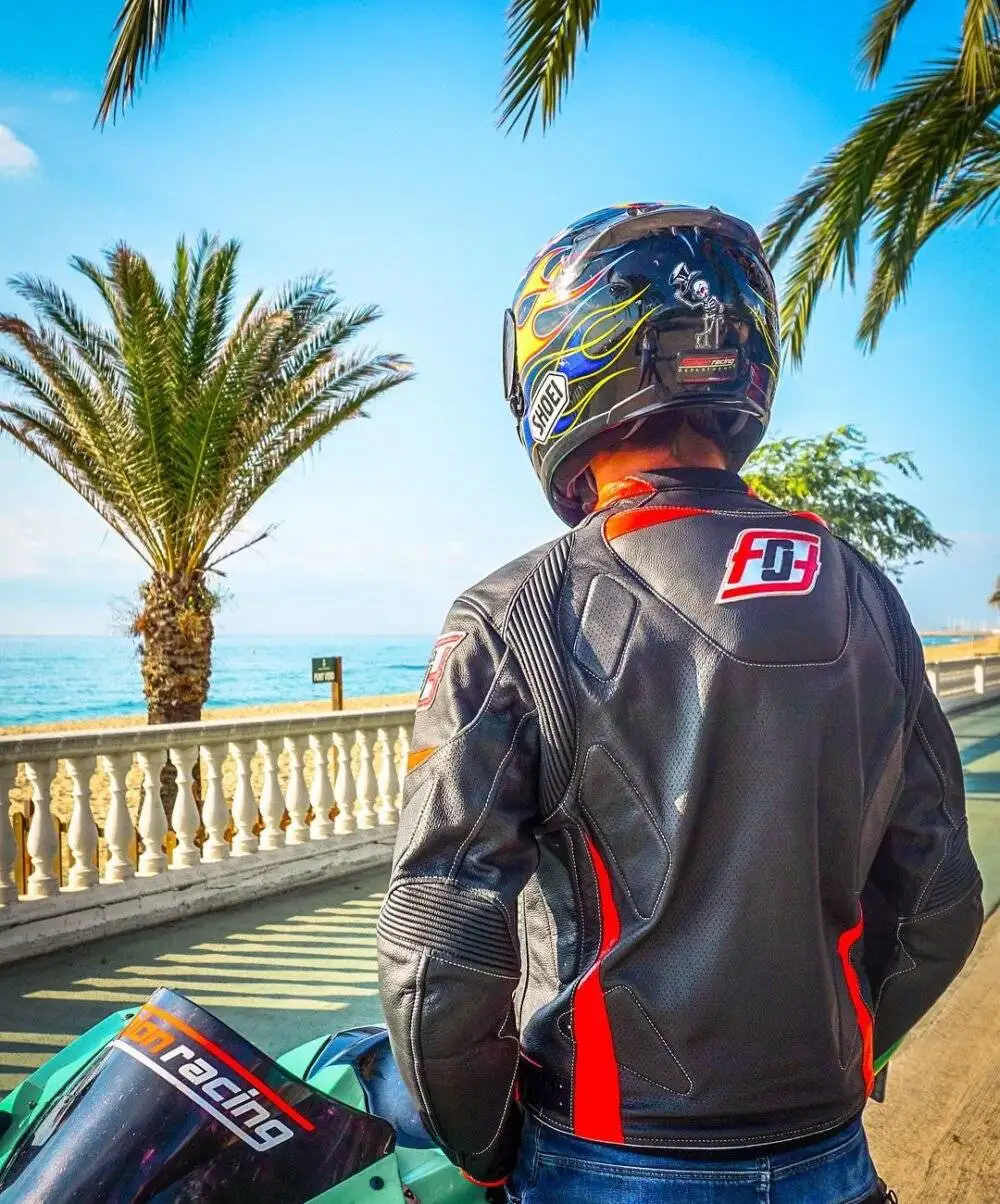 Back view of a sport biker rider jacket showcasing the high-quality leather, reflective strips, and CE-certified protectors.