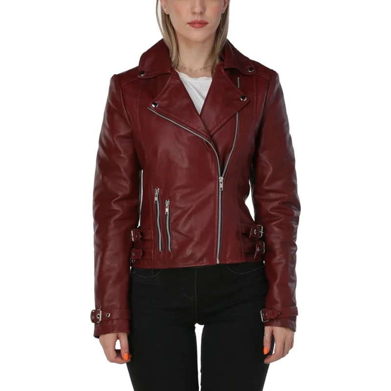 Stylish Leather Burgundy Jacket for WOMen with a Bold Asymmetric Zipper Design
