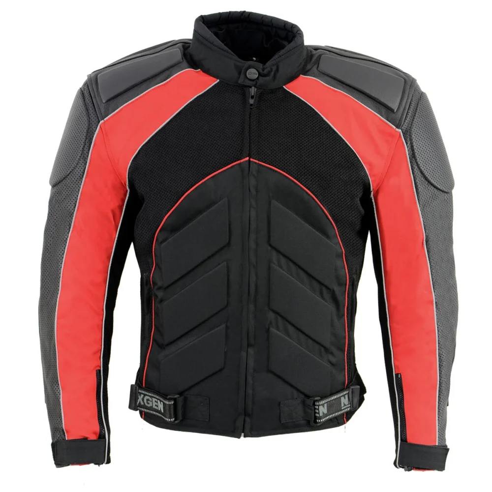 Stylish Men’s Moto Jacket in Black and Red with Leather, Textile, and Mesh Materials for Added Comfort and Protection