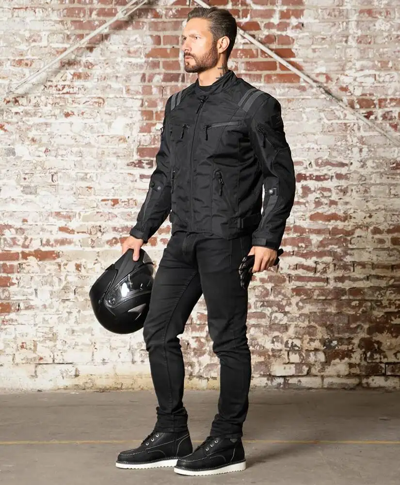 Side view of Ironborn biker jacket with ventilated design.