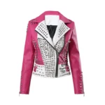 Pink faux leather jacket with tiger embroidery and rivet details.