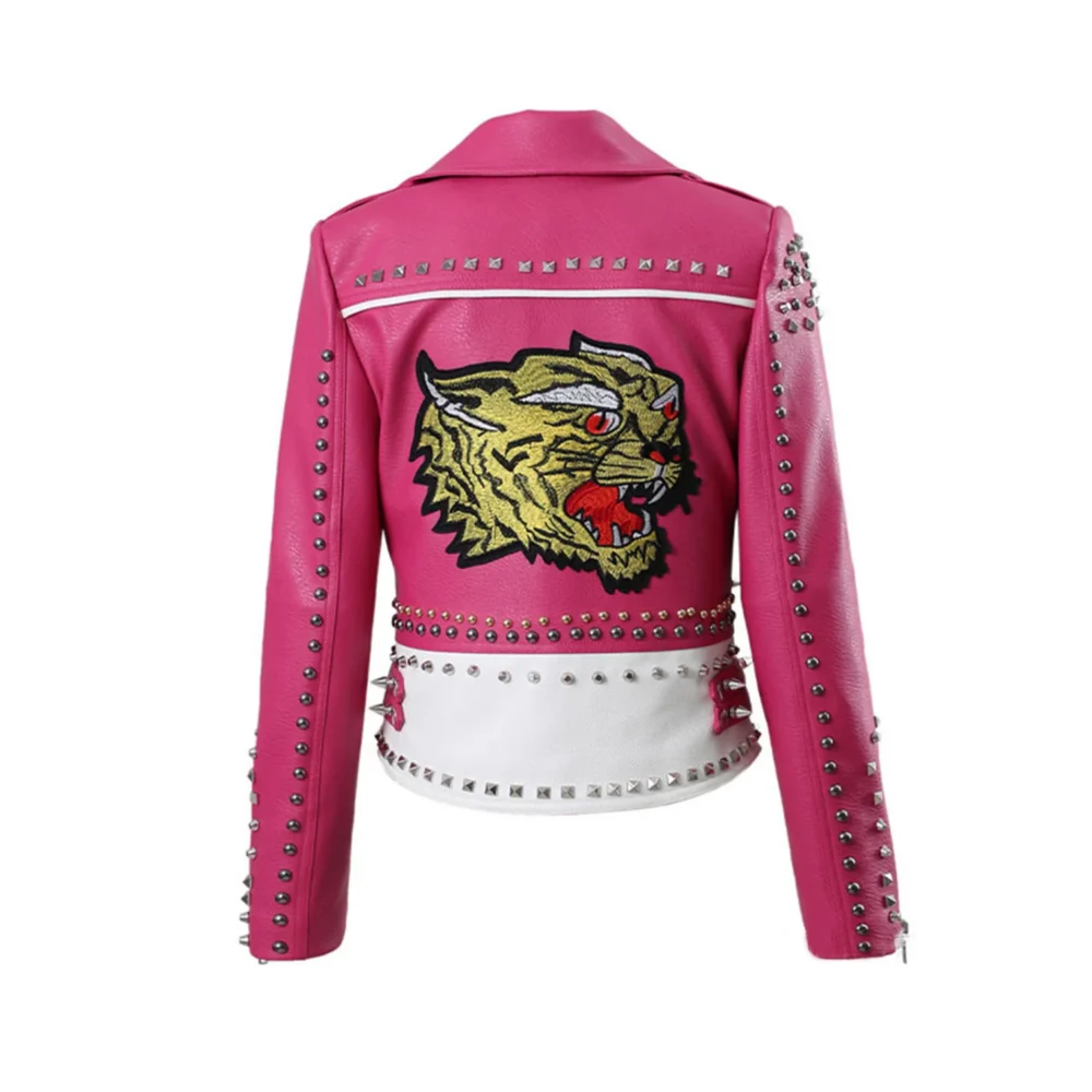 Back view of a pink faux leather jacket with tiger embroidery and rivet details.