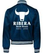 Back of Ribera Steakhouse satin jacket with rib-knit details.