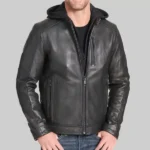 Trendy Hooded Biker Jacket in Black Leather, Designed with Jam Style