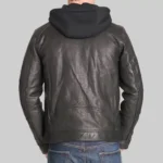 Trendy Hooded Biker Jacket in Black Leather, Designed with Jam Style