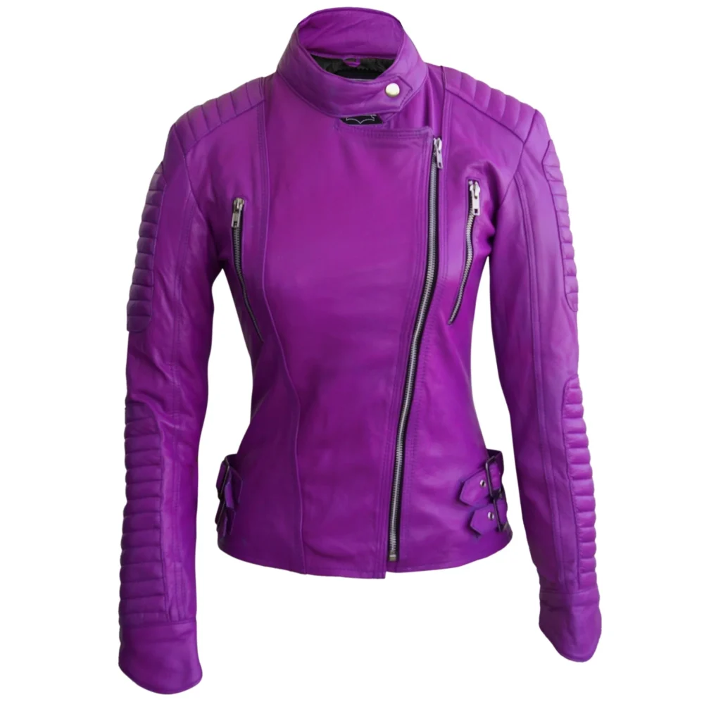 Trendy Women’s Purple Leather Jacket Designed in Iconic Brando Fashion