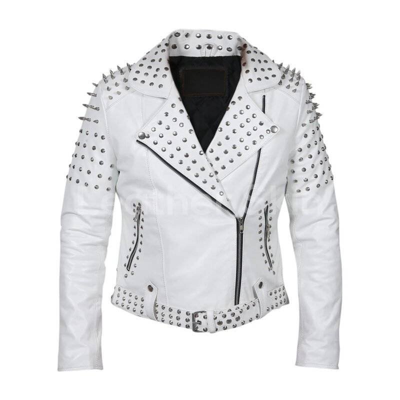 Front view of trendy studded leather jacket