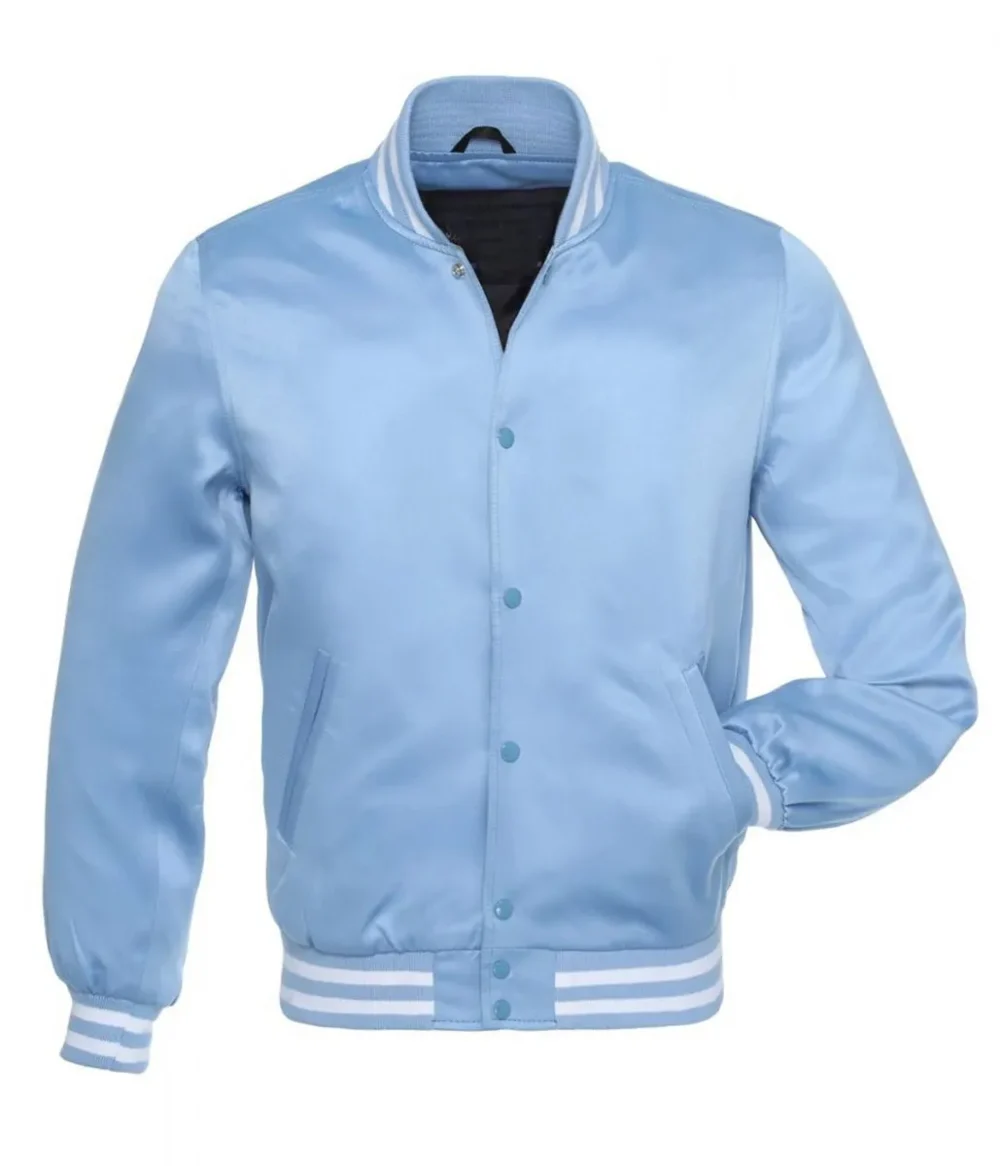 Front view of Baby Blue Satin Bomber Jacket for Women