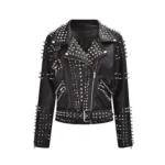 Women's black faux leather jacket with death patch details, studded rivets, and asymmetrical zipper.