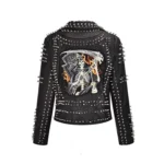 Back view of the women's death patch faux leather jacket, showcasing the studded rivets and belted waist.