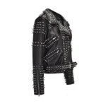 Right side view of the women's death patch faux leather jacket, highlighting the asymmetrical zipper and studded rivets.