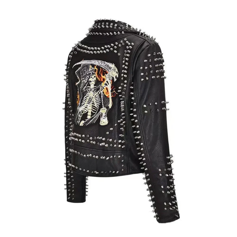 Left side view of the women's death patch faux leather jacket, featuring the death patch design and studded rivets.