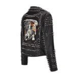 Left side view of the women's death patch faux leather jacket, featuring the death patch design and studded rivets.