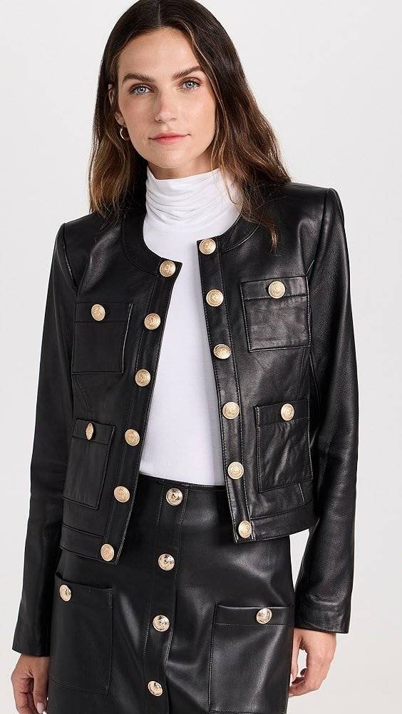 Front view of Stylish Collarless Leather Outerwear