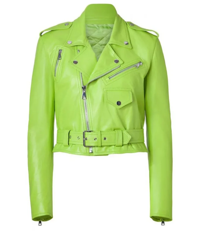 Front view of Lime Green Leather Biker Jacket for Women