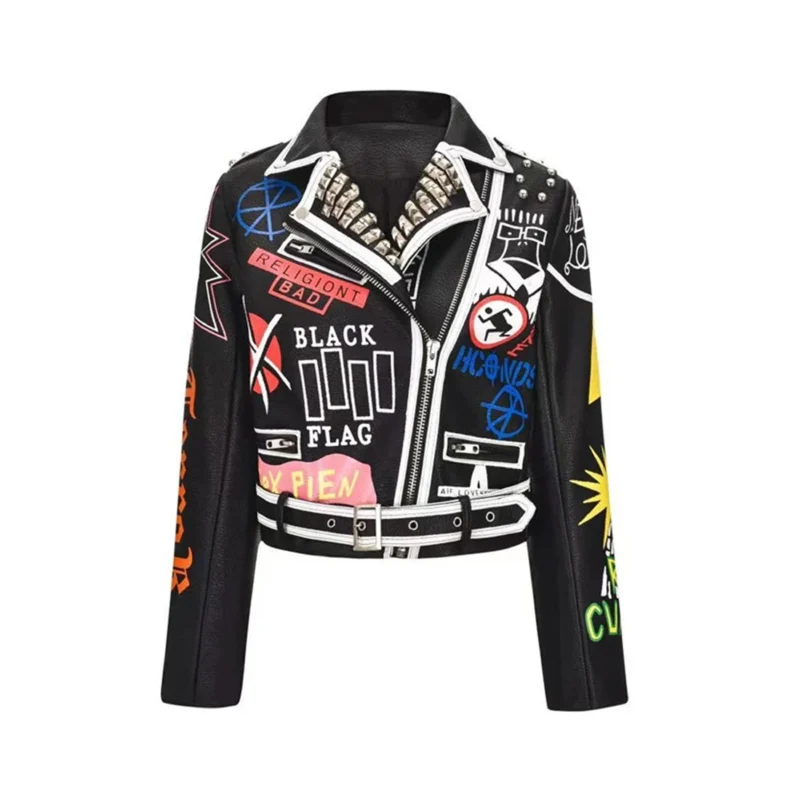 Women's black punk rock leather jacket with asymmetrical zipper, studded rivets, and graffiti print.