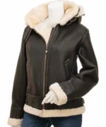 Shearling Brown Leather Jacket with Hood for Women’s Wardrobe