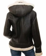 Back view of Women’s Brown Shearling Leather Jacket with Hood