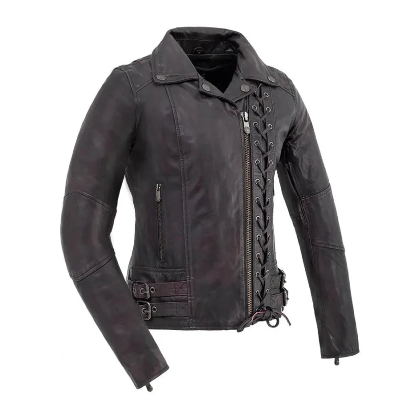 Front view of classic women’s leather motorcycle jacket