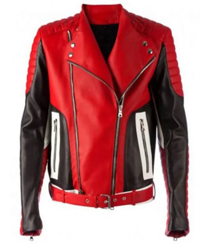 Front view of men's padded motorcycle jacket in black and red