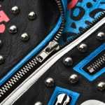 Close-up of zipper and details on Graffiti Artwork Biker Jacket