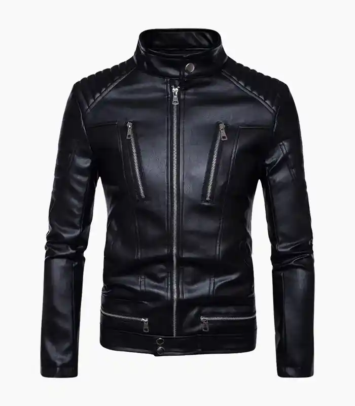 Front view of Men's Black Leather Motorcycle Jacket