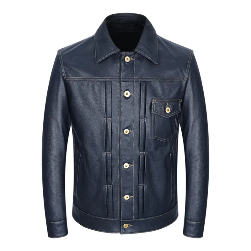 Front view of Men's Blue Cowhide Leather Jacket