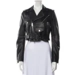 Stylish women's cropped leather biker jacket with a belted waist.