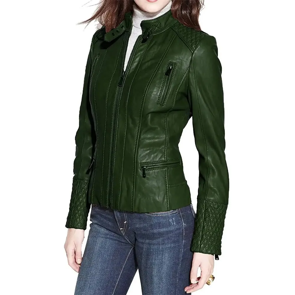 Women's dark green leather biker jacket front view