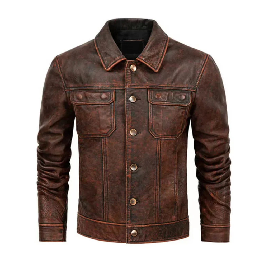 Front view of Slim Fit PU Leather Biker Jacket