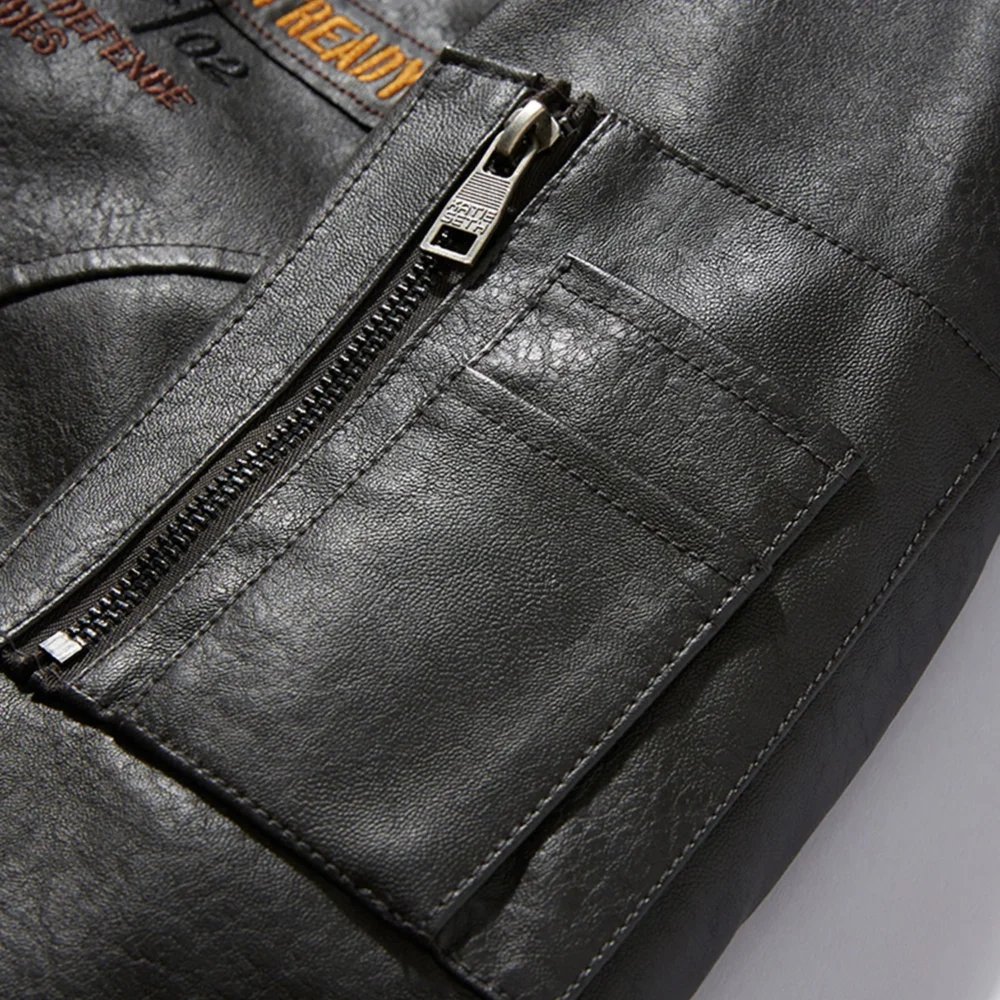 Close-up of stitching on Men's Cowhide Bomber Jacket