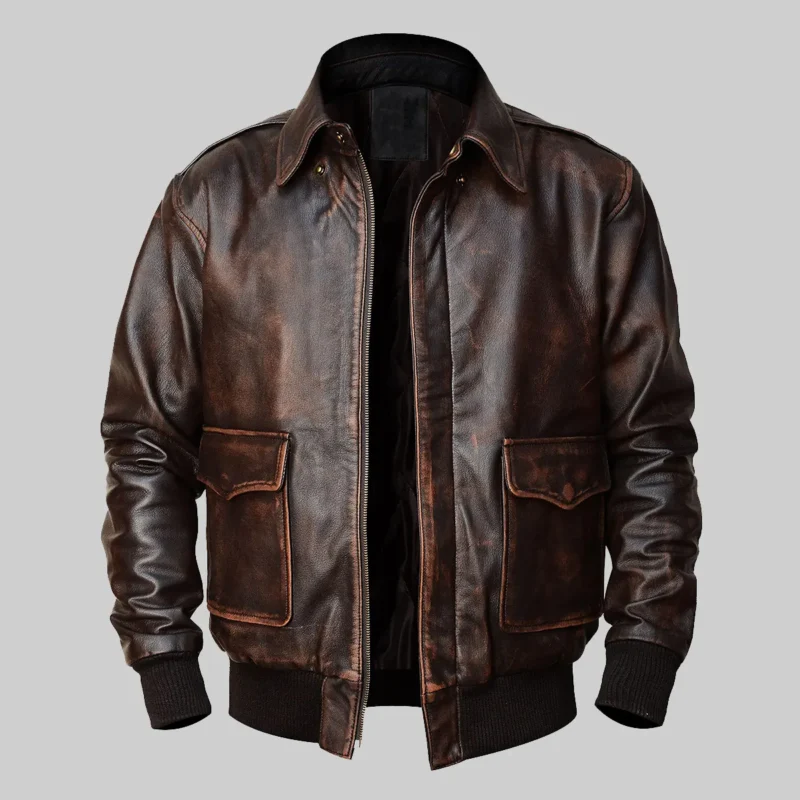 High-Quality Jacob Brown Leather A-2 Bomber Jacket for Men, Distressed Finish