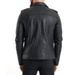 Back view of ribbed sleeve real leather jacket.